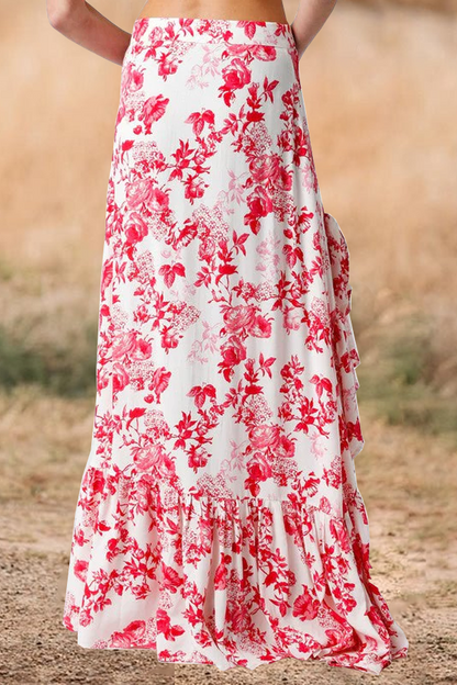 Southern Red Floral Print Ruffled Slit Maxi Skirt