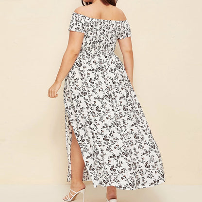 Plus-Size Bohemian Print Pleated Off-The-Shoulder Slit Casual Midi Dress