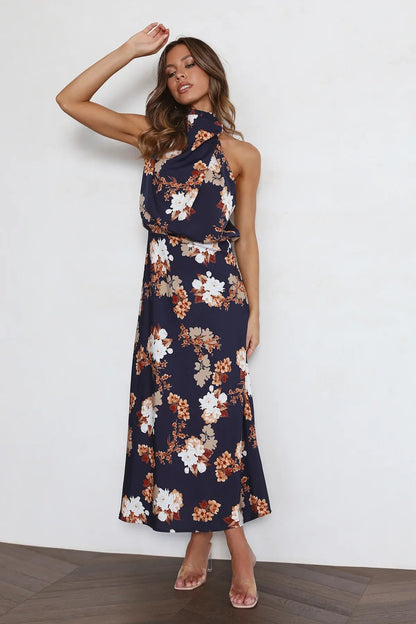 Wine Country Dates Floral Halter Neck Elastic Waist Maxi Dress