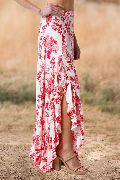 Southern Red Floral Print Ruffled Slit Maxi Skirt