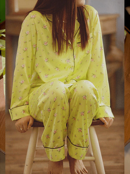 Fluorescent Green Floral Long Sleeve Pajama Set