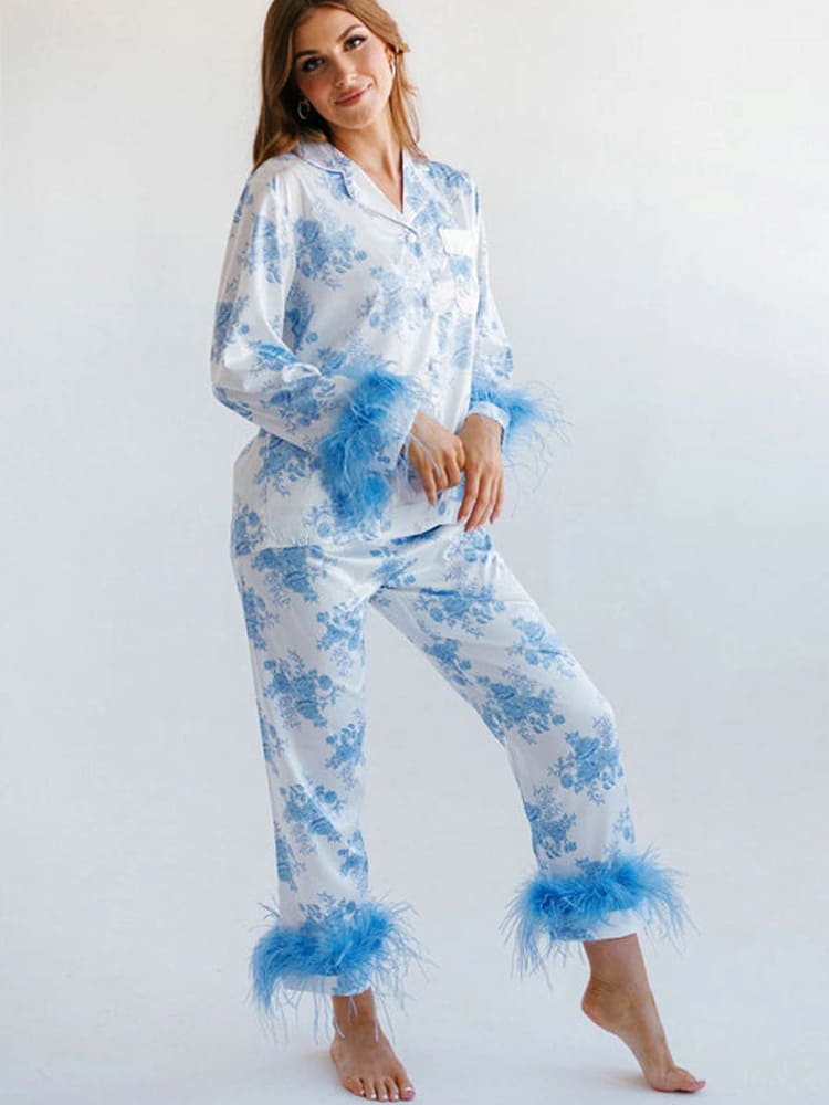 Blue Floral Print Satin Pajama Set