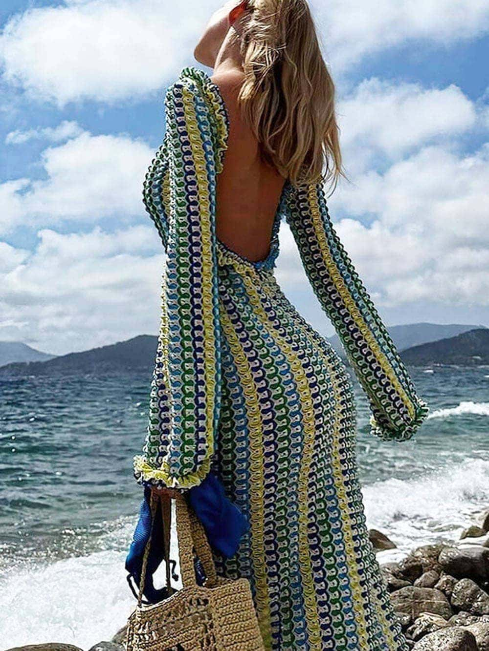 Backless Long-sleeved With Wavy Striped Crochet Maxi Dress