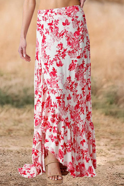 Southern Red Floral Print Ruffled Slit Maxi Skirt