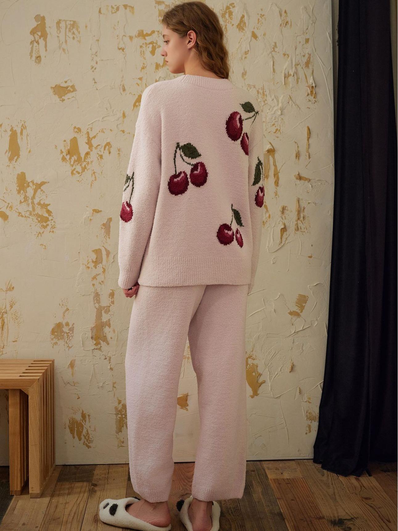 Soft Half Velvet Cherry Cardigan Pajama Set