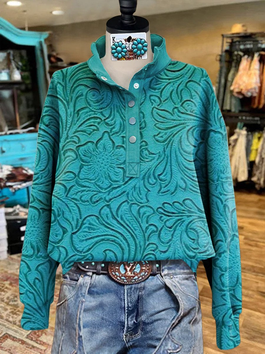 Vintage Turquoise Floral Casual Sweatshirt