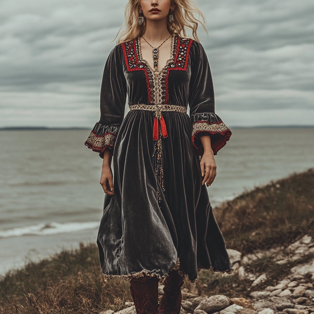 Breezy Bohemian Beach Vacation Autumn And Winter Velvet Ethnic Style Fluttering Dress