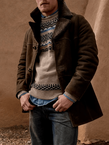 Men's Fashionable Open Pocket Button Design Imitation Leather Plush Warm Coat