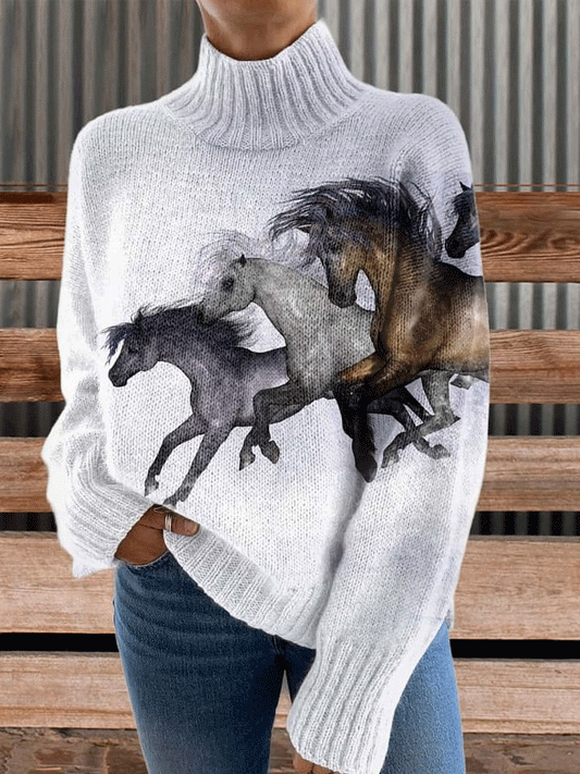 Horse Print Knit Turtleneck Pullover Sweater