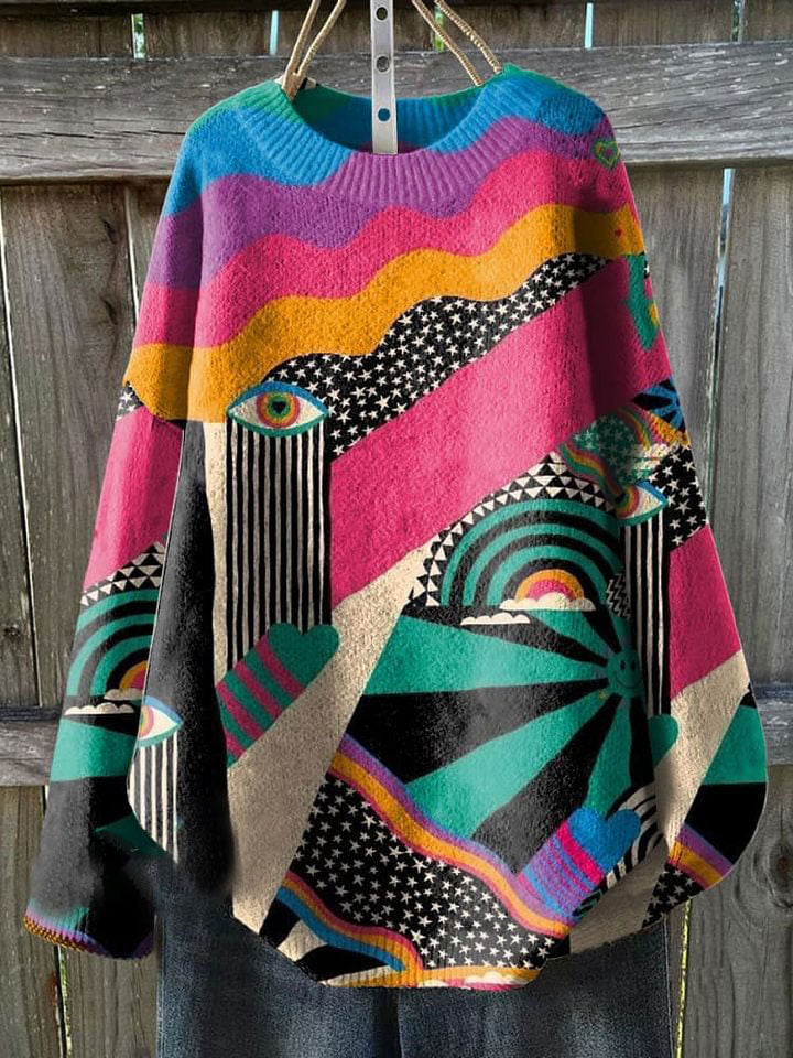 Vintage Print Knit Pullover Sweater