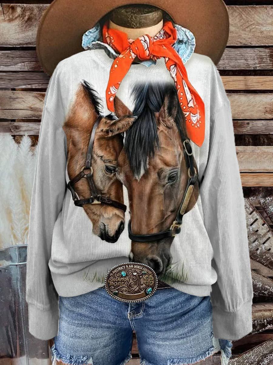 Women's Horse Art Casual Print Corduroy Sweatshirt