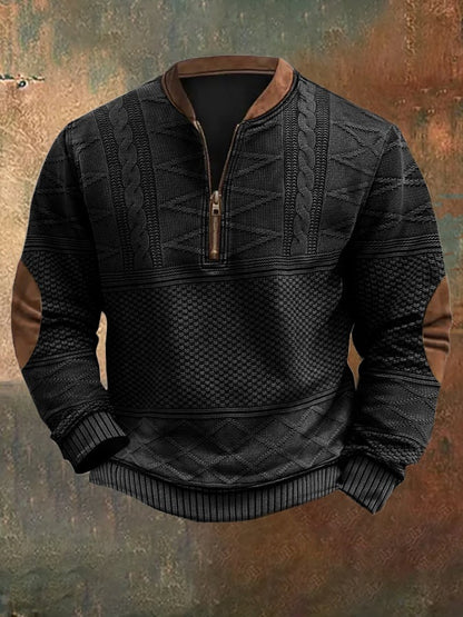 Men's Vintage Country Western Knitted Print Zipper Stand Collar Casual Sweatshirt