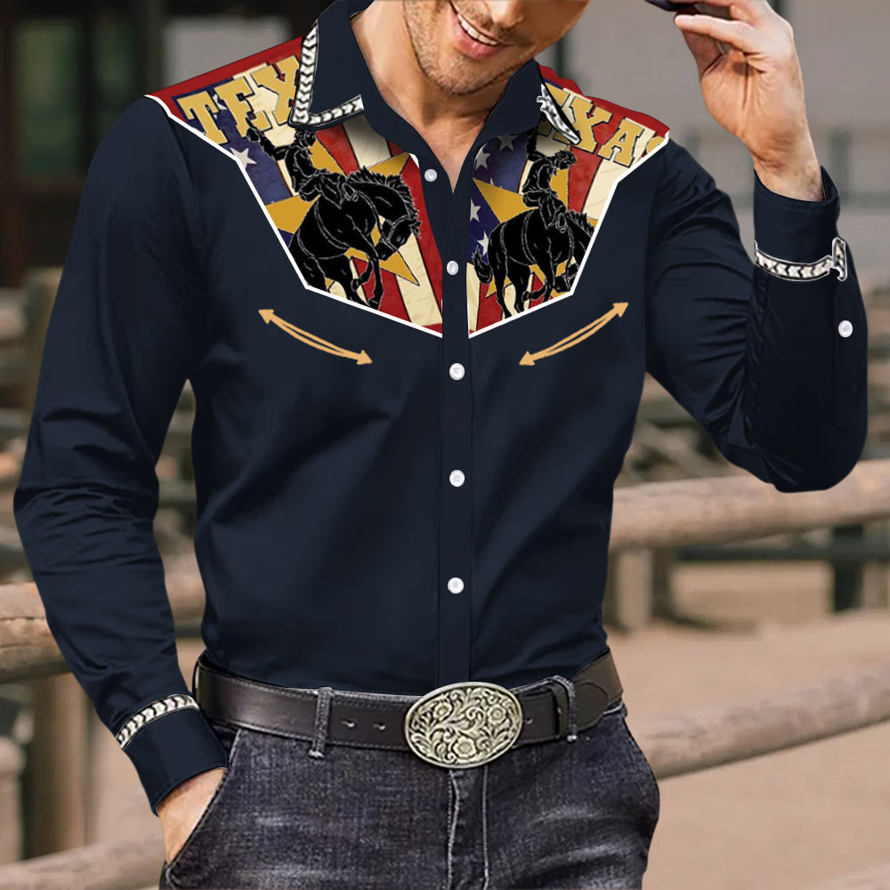 Men's Vintage Western Cowboy Riding American Flag Print Long Sleeve Shirt