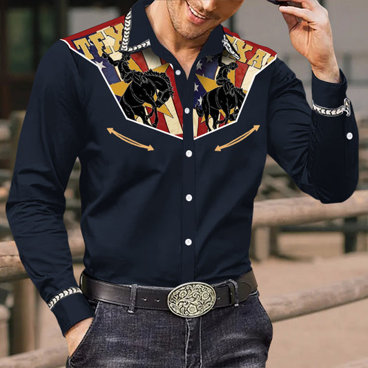 Men's Vintage Western Cowboy Riding American Flag Print Long Sleeve Shirt