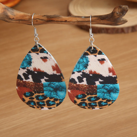 Vintage Western Leopard Leather Drop Earrings