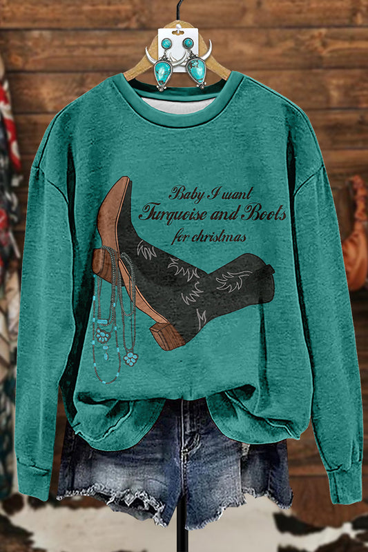 Christmas Boots Turquoise Necklace Printed Sweatshirt