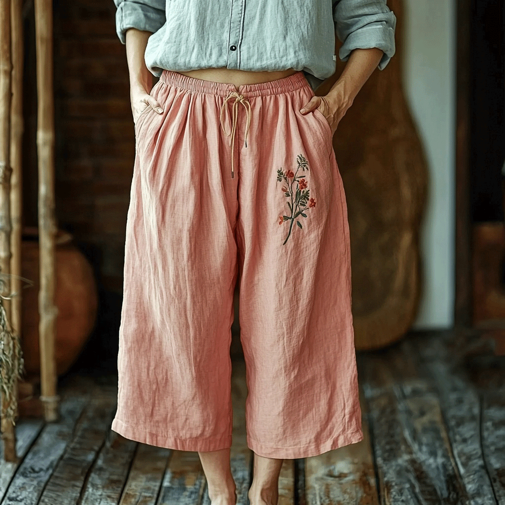 Women's Linen Bohemian Floral Casual Wide-leg Pants