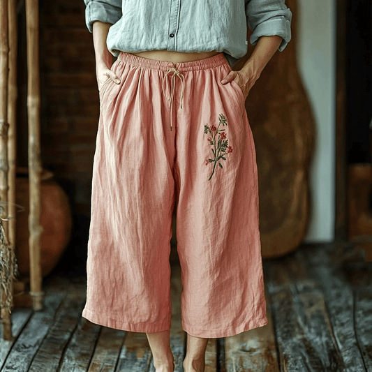 Women's Linen Bohemian Floral Casual Wide-leg Pants