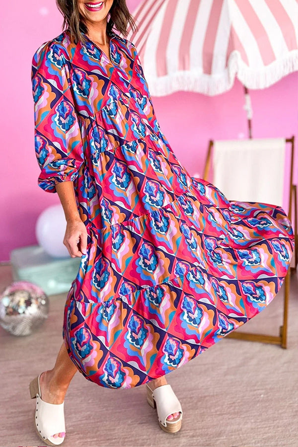 Multicolor Abstract Geometric Print Notch Neck Tiered Boho Dress