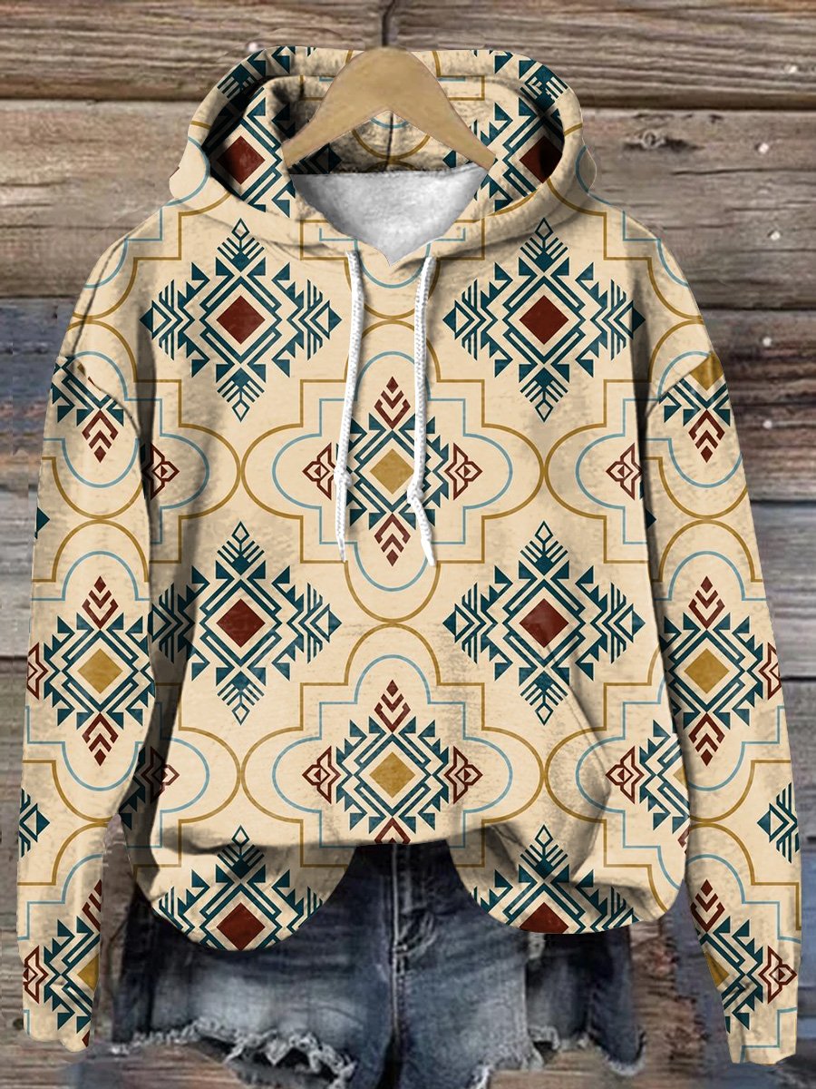 Retro Yellow Ethnic Rhombus Pattern Art Print Casual Hoodie Sweatshirt