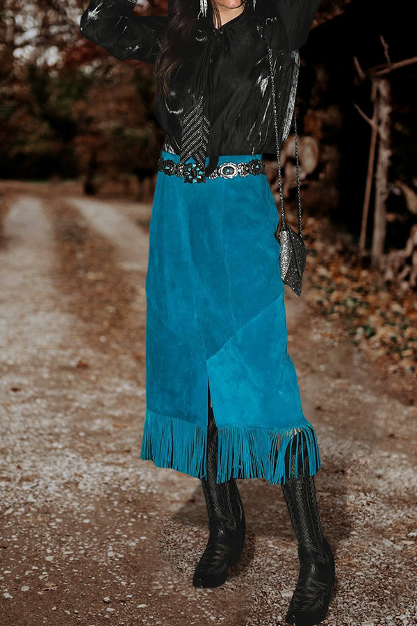 Vintage Fringed Hem Suede Skirt