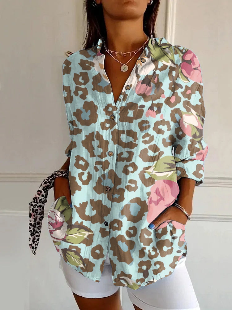 Vintage Pink and Blue Floral Leopard Print Long Sleeve Shirt