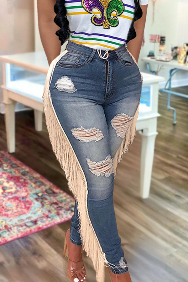 Casual Ripped Fringe Jeans