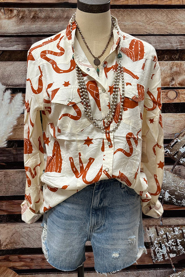 Western Print Pearl Snap Collared Top