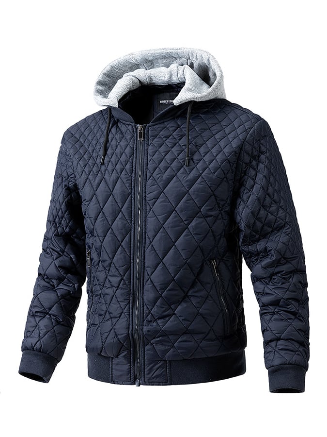 Men's Fall/Winter Casual Zip Up  Quilted Plaid Detachable Hat Puffer Jacket