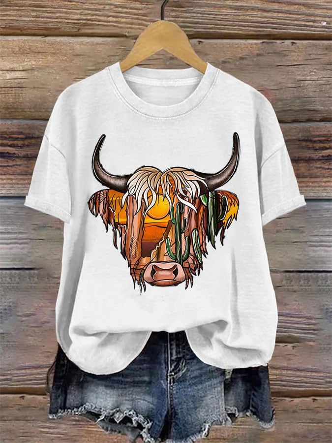 Women's Western Highland Cow Print Casual T-shirt