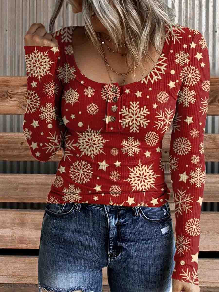 Women's Christmas Snowflake Print Comfortable Cotton Henley Shirt