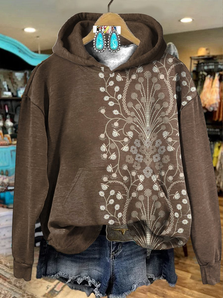 Brown Vintage Ethnic Flowers Print Casual Hoodie Sweatshirt