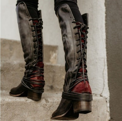 Vintage Lace Up Chunky Heel Cross Strap High Boots