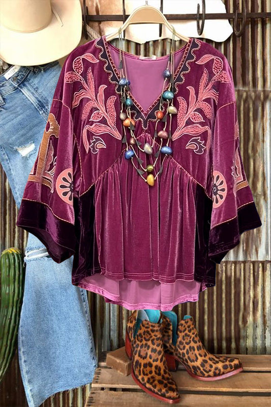 V-Neck Printed Velvet Blouse