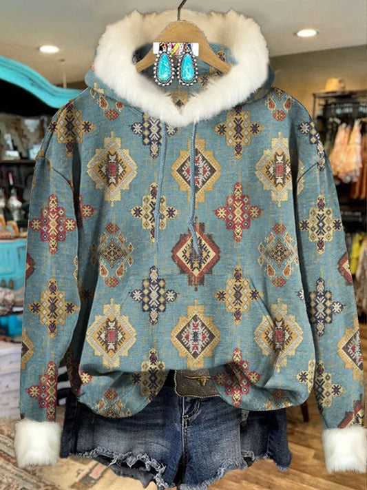 Turquoise Vintage Aztec Print Imitation Rabbit Fur Trim Casual Hoodie Sweatshirt