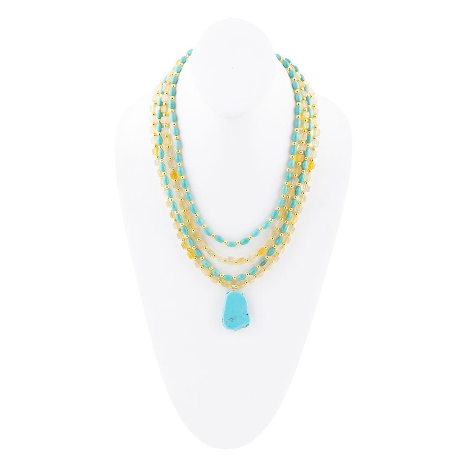 Barse Blue Turquoise and Yellow Citrine Multi-Layer Golden Necklace