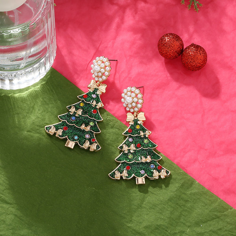 Fashion Bow Rhinestone Christmas Tree Earrings