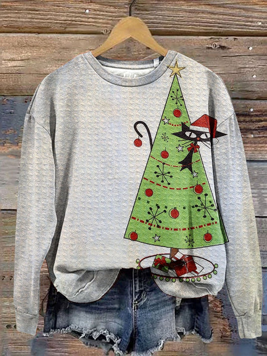 Vintage Christmas Tree Funny Cat Art Print Casual Sweatshirt