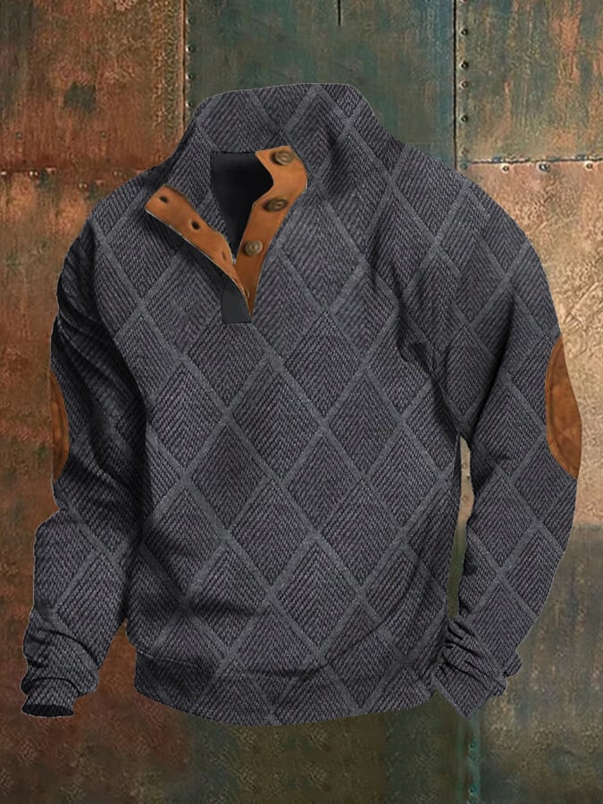 Men's Retro Printed Stand Collar Button Sweatshirt In Plush Fabric