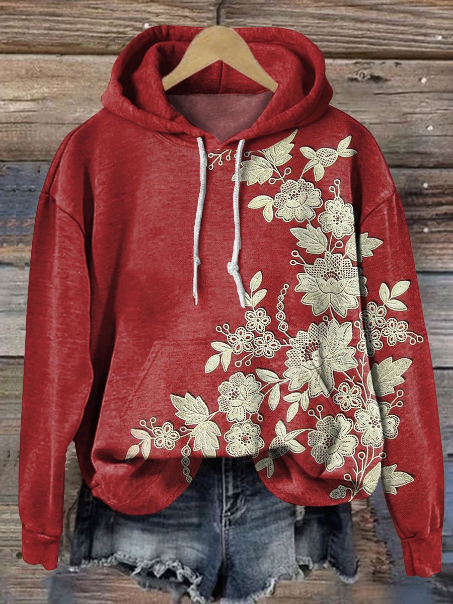 Vintage Flower Art Print Casual Hoodie Sweatshirt