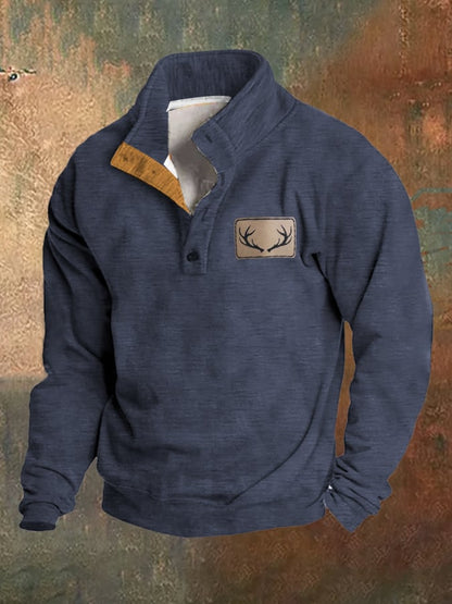 Men's Fleece Vintage Western Antler Hunting Enthusiast Stand Collar Sweatshirt