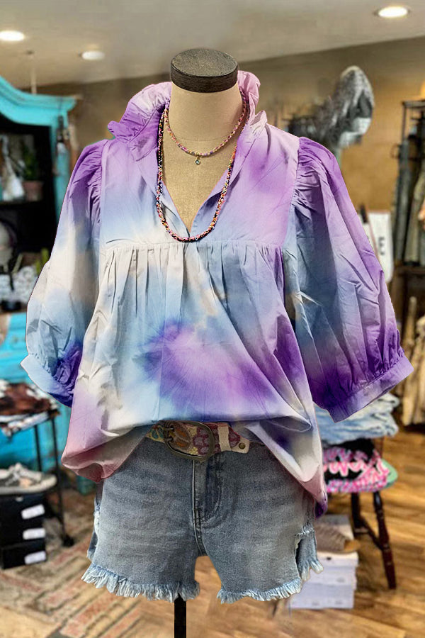 Sweet Psychedelic Tie-Dye Print Puff Sleeve Blouse