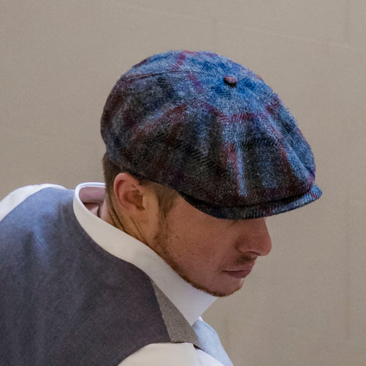 PEAKED CAPS SHELBY - HARRIS TWEED Genuine Scottish Harris Tweed 8 Panels Man Cap Grey-Blue-red