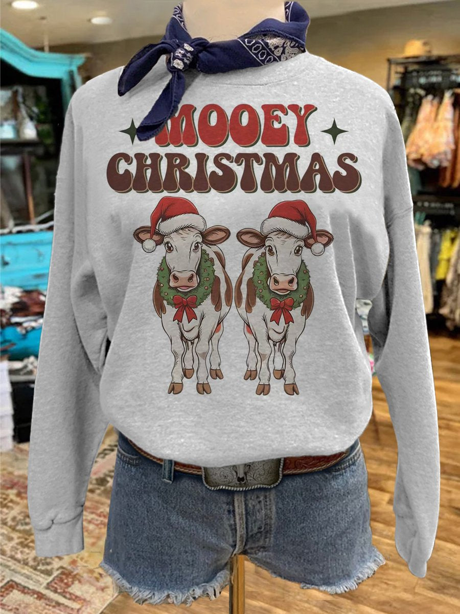 Christmas Cow Print Casual Sweatshirt