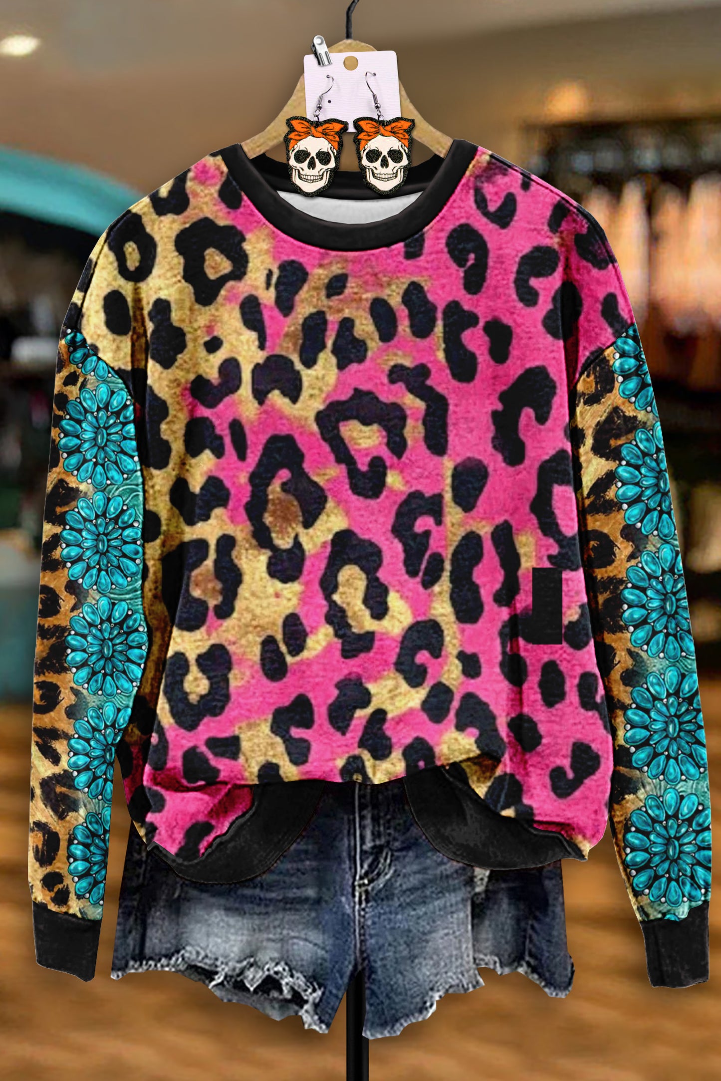 Vintage Leopard Turquoise Print Sweatshirt