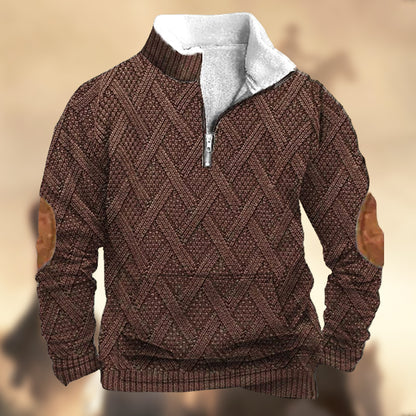 Men's Vintage Country Western Knitt Print Zipper Stand Collar Casual Kangaroo Pocket Sweatshirt