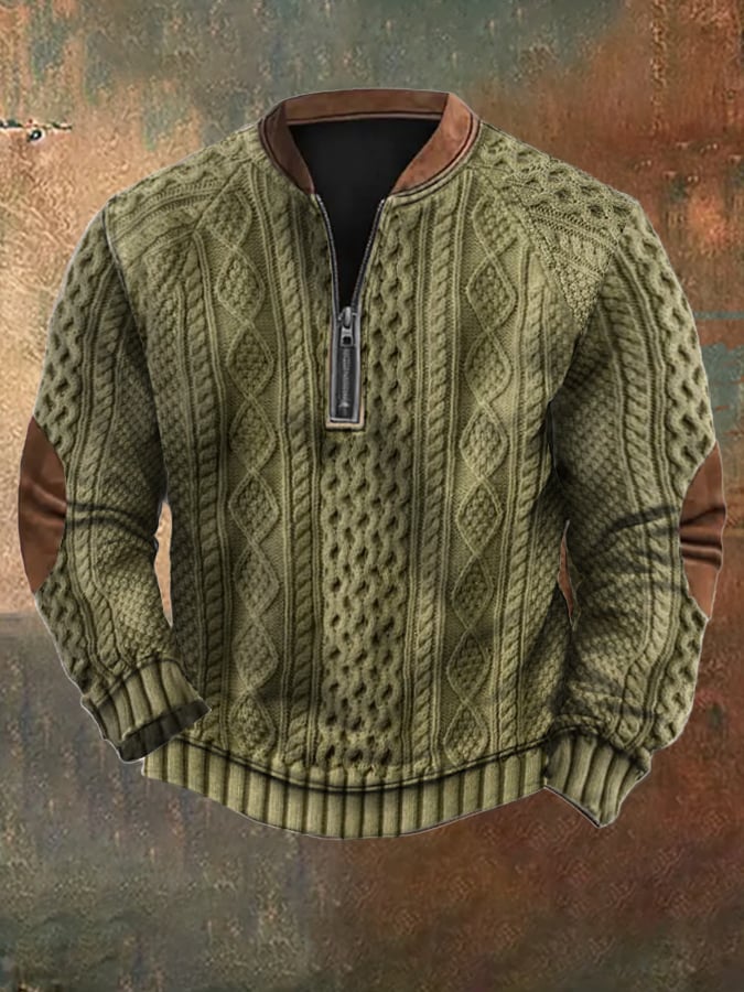 Men's Vintage Knit Print Zip-Up Sweatshirt