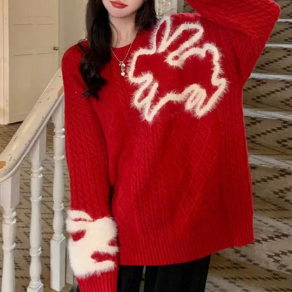 Loose Red Rabbit Jacquard Cable Knit Sweater Women's Thick Knitted Cardigan