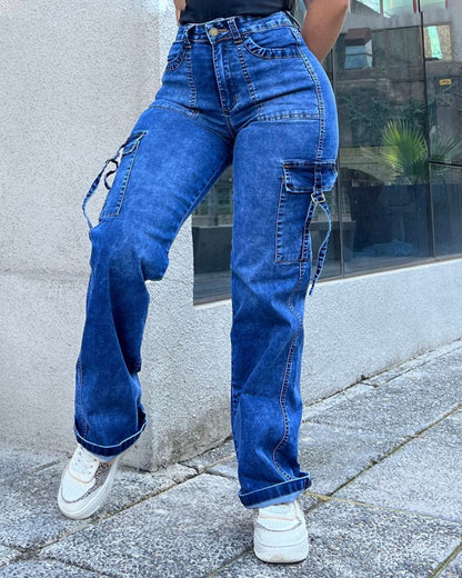 Women's High Waist Cargo Jeans Flap Pocket Wide Leg Denim Pants