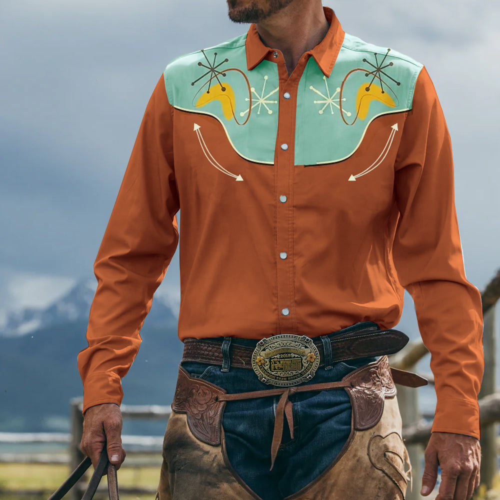 Men's Vintage Western Cowboy Print Long Sleeve Shirt